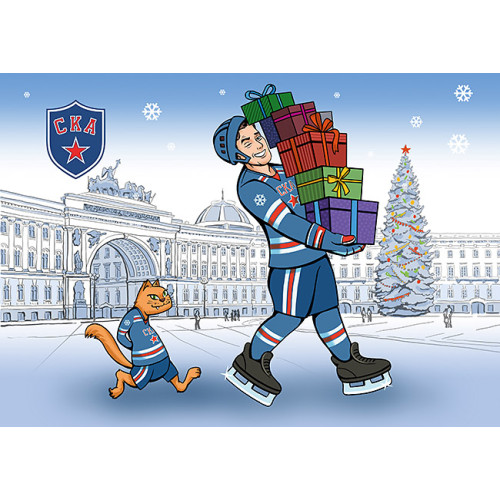 Открытка СКА "Хоккеист с котом"