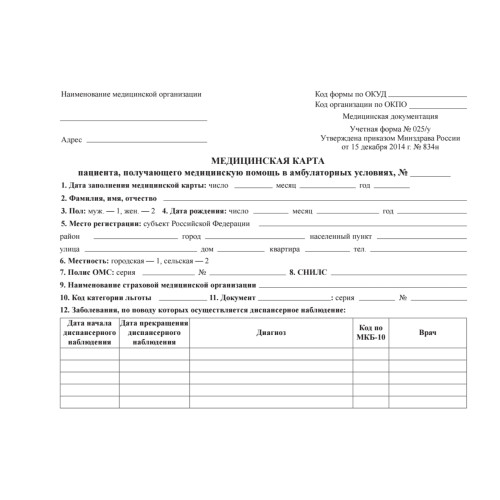 Медицинская карта пациента, получающего медицинскую помощь в амбулаторных условиях (форма №025/у)